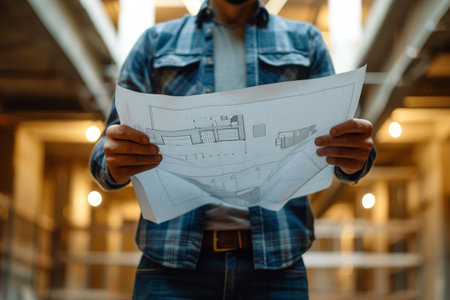 A man stands with the blueprint in his hands, examining the architectural plans.の素材