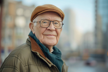 An image of an older man wearing glasses and a brown hat, expressing a sense of wisdom and experience.の素材