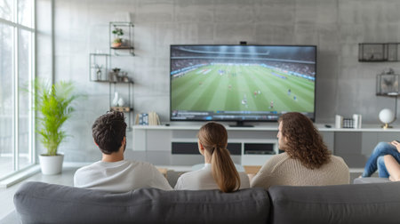 A group of individuals gathered on a couch, engaged in watching TV together.の素材