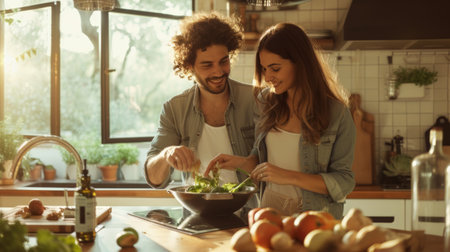 A man and a woman are seen busy in a kitchen, working together to prepare food.の素材