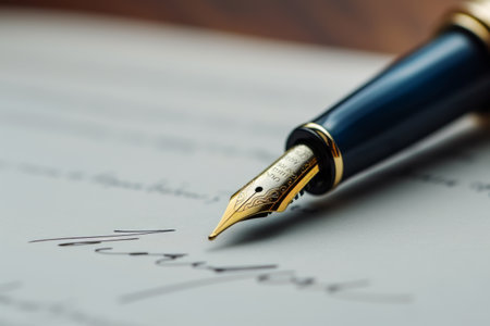A fountain pen sits atop a sheet of paper, ready to create elegant and precise strokes.の素材