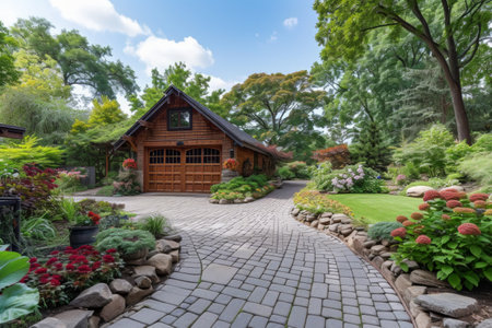 A brick walkway extends towards a wooden garage, creating a path between the two structures.の素材