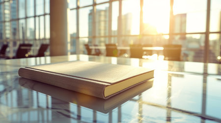 A book is placed on a glass table, creating a simple yet elegant scene.の素材