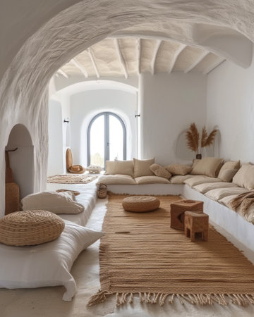 This photo showcases a spacious living room furnished with an abundance of white furniture, creating a bright and clean aesthetic.の素材
