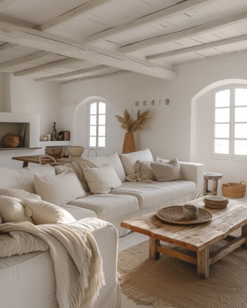 A well-furnished living room featuring abundant furniture arrangements and a sizable window illuminating the space.の素材