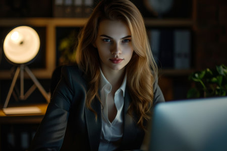 A woman sitting in front of a laptop computer, engaged in work or personal activities.の素材