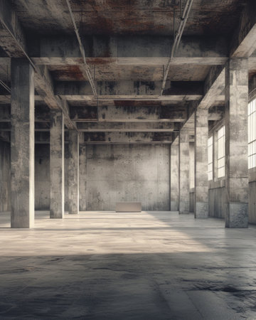 A photo featuring an empty room with concrete walls and floors.の素材