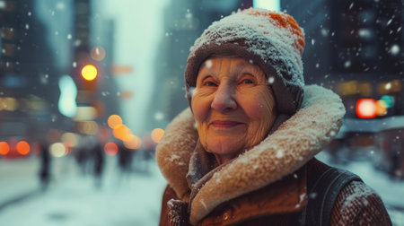 An older woman is seen wearing a winter hat and scarf, protecting herself from the cold weather.の素材