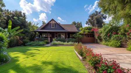 A photo of a house with a substantial lawn in front of it, providing an ample outdoor space.の素材