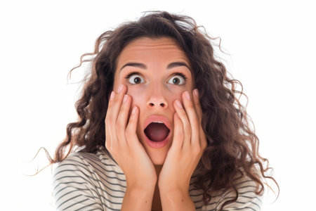 A woman with a surprised expression on her face as her eyes widen and her mouth opens in astonishment.の素材