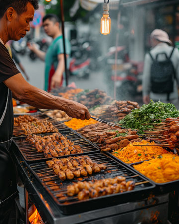 A man skillfully prepares food on a grill, showing his culinary expertise and outdoor cooking skills.の素材