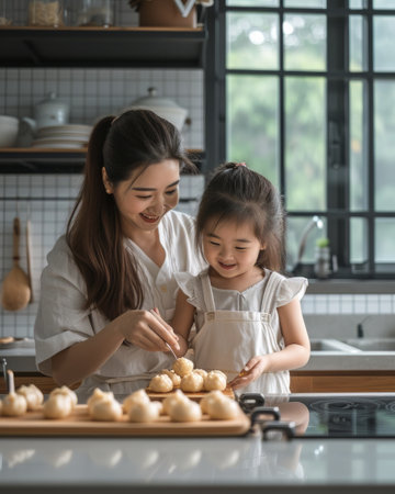 A woman and a little girl stand side by side in front of a wooden cutting board, preparing food together.の素材