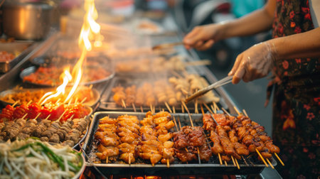 A woman is using a grill to cook food outdoors.の素材