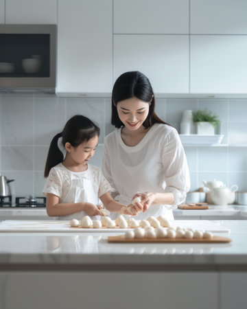A woman and a little girl are standing in a kitchen, preparing a meal together.の素材
