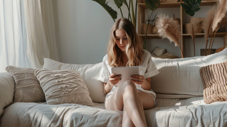 A woman is pictured sitting on a couch, engrossed in reading a book.の素材