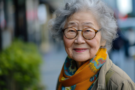 An elderly woman wearing glasses and a scarf sitting outdoors.の素材