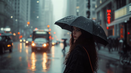 A woman stands in the rain, holding an umbrella for protection against the falling water.の素材