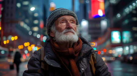 A bearded man wearing a hat is walking on a busy city street.の素材