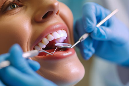 A woman sits in a dental chair as a dentist checks her teeth using a dental probe.の素材