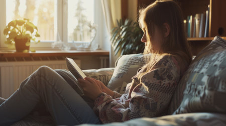 A woman is seated on a comfortable couch, engrossed in reading a book.の素材