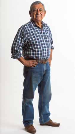 A man wearing a plaid shirt confidently stands with his hands on his hips.の素材
