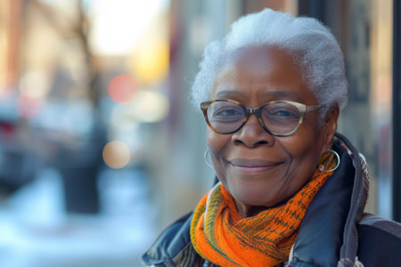 Photo pour An older woman with glasses and a scarf stands in front of the camera, looking composed and dignified. - image libre de droit