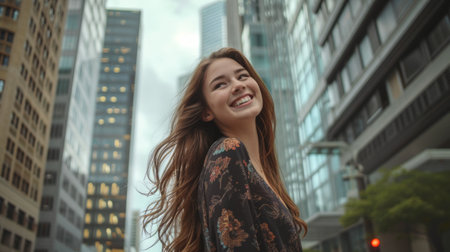 A woman stands confidently amidst the bustling streets of a vibrant city.の素材