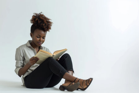A woman is seen sitting on the floor engaged in reading a book.の素材