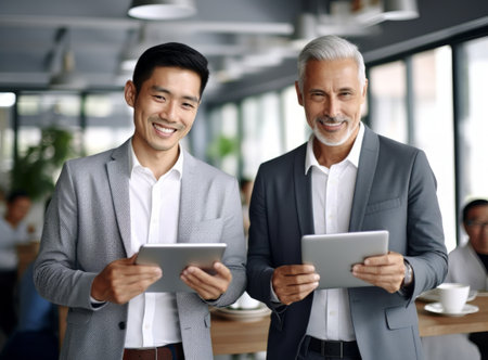 Two men standing closely side by side, each holding an iPad in their hands.の素材