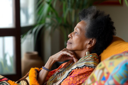 A woman calmly sits on a couch with a lush green plant visible in the background.の素材