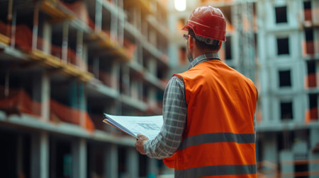 A man wearing an orange safety vest holds a piece of paper in his hand.の素材