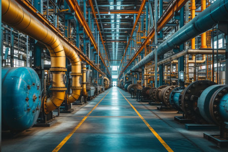 This photo shows a massive industrial building with numerous pipes and pipelines, showcasing the infrastructure and functionality of the industrial sector.の素材