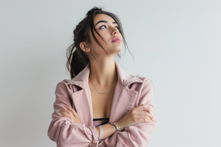 A woman wearing a pink jacket strikes a pose in front of the camera.の素材