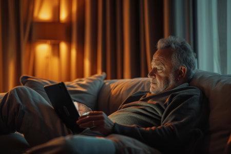 A man is sitting on a couch, engrossed as he looks at a tablet screen.の素材