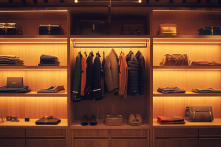 This photo showcases a sophisticated and modern wardrobe filled to the brim with an extensive collection of clothes and shoes.の素材