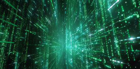 The photo showcases a vibrant green and black background adorned with a multitude of intersecting lines.の素材