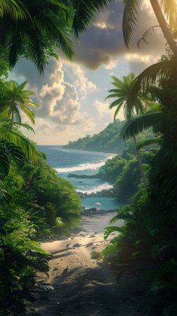 An artistic depiction of a tropical beach showcasing the vibrant colors of the palm trees and the serene atmosphere.の素材