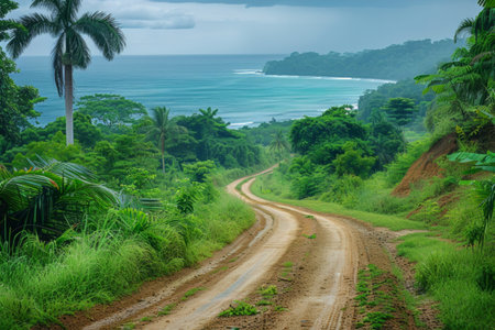 A dirt road can be seen cutting through the dense vegetation of the jungle, providing a pathway through the wilderness.の素材