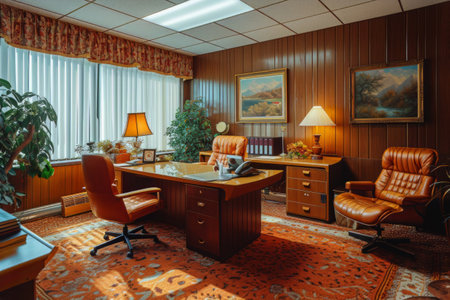 A photo capturing a functional home office space with a desk, chair, lamp, and a potted plant providing a natural touch.の素材