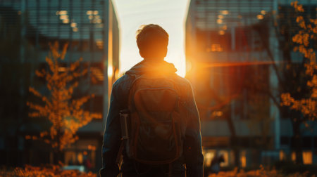 A man wearing a backpack walks towards the sun in this scenic photograph.の素材