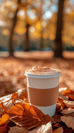 A cup of coffee sits atop a mound of autumn leaves in a park, creating a festive and cozy scene.の素材