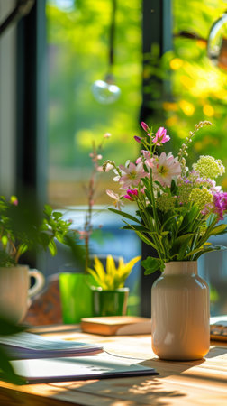 A vase filled with colorful flowers sits prominently on top of a sturdy wooden table.の素材