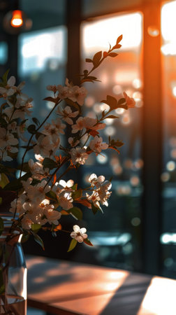 A vase filled with white flowers sits atop a table, creating a simple yet elegant arrangement.の素材