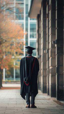 A man wearing a graduation gown walks confidently down the sidewalk.の素材