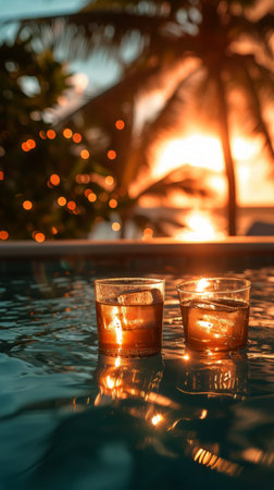 Two glasses sit on the edge of a shimmering swimming pool.の素材