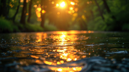 The sun shines through a dense forest, creating a beautiful reflection on the water below.の素材