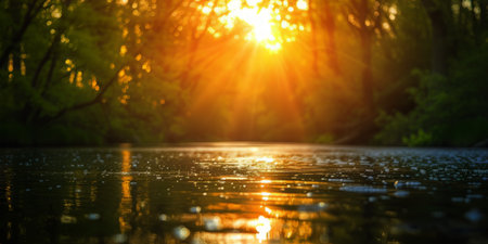 The image captures the sunlight filtering through the trees and casting reflections on the water.の素材