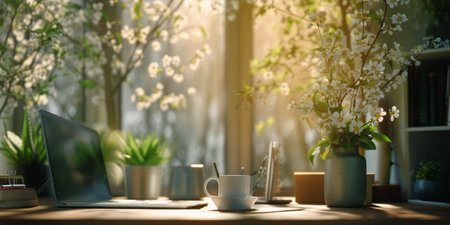 A laptop computer sits on top of a wooden desk in a shared workspace with spring-themed accents.の素材