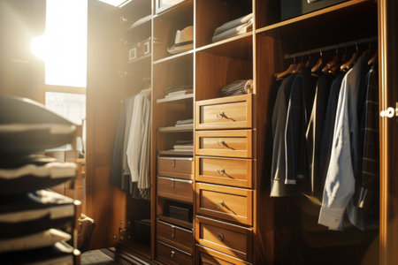 A modern wardrobe with a generous amount of clothing items hanging inside.の素材