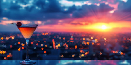 A placed cocktail on top of a table, positioned next to a window, showing the bokeh effect created by city lights in the background.の素材